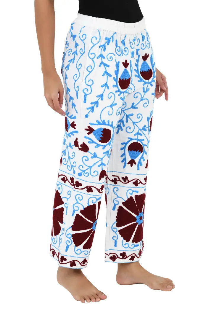 Boho Harem Pants Gift for Her – Handmade Embroidered Suzani Festival Pants, Boho Hippie Lounge Pajamas with Pockets, Unique Floral Yoga Pant