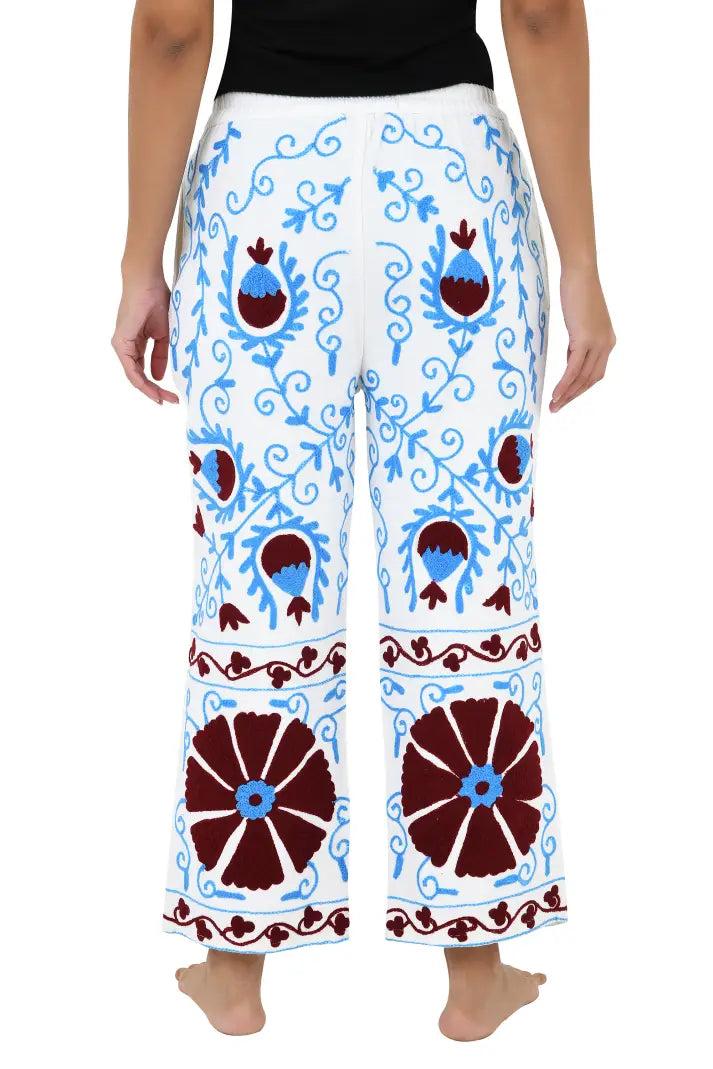 Boho Harem Pants Gift for Her – Handmade Embroidered Suzani Festival Pants, Boho Hippie Lounge Pajamas with Pockets, Unique Floral Yoga Pant
