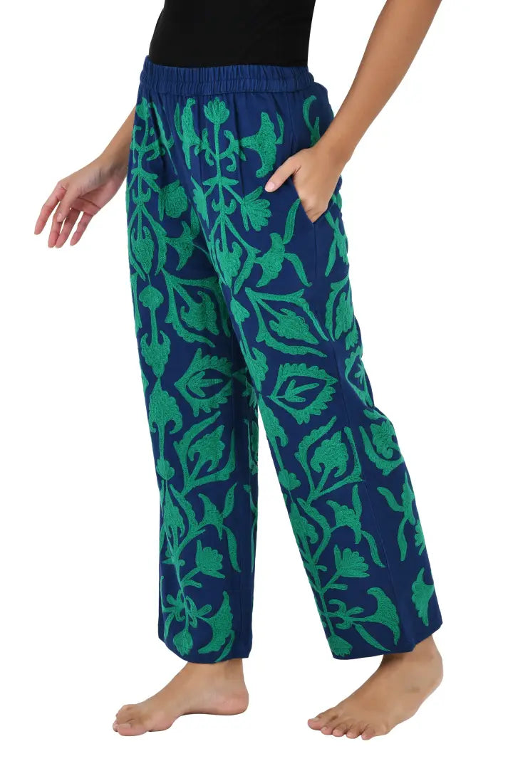 Boho Harem Pants Gift for Her – Handmade Embroidered Suzani Festival Pants, Boho Hippie Lounge Pajamas with Pockets, Unique Floral Yoga Pant