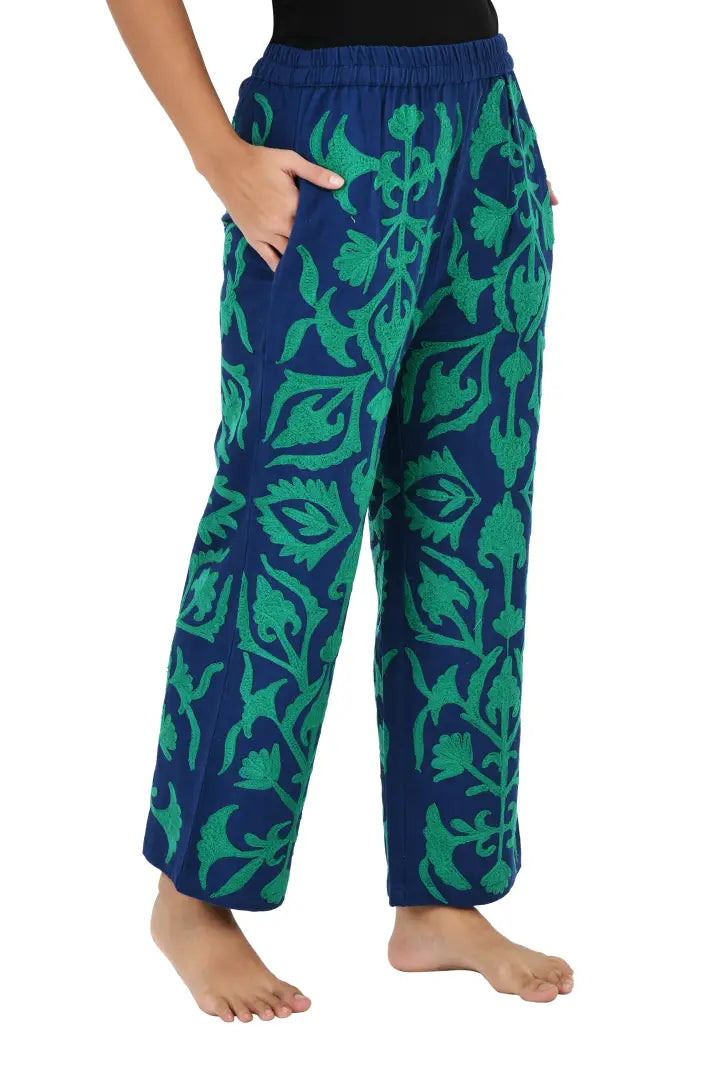 Boho Harem Pants Gift for Her – Handmade Embroidered Suzani Festival Pants, Boho Hippie Lounge Pajamas with Pockets, Unique Floral Yoga Pant