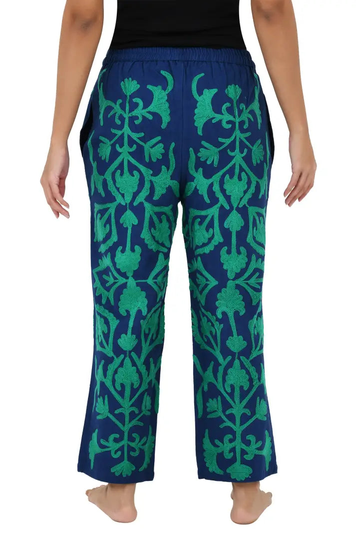Boho Harem Pants Gift for Her – Handmade Embroidered Suzani Festival Pants, Boho Hippie Lounge Pajamas with Pockets, Unique Floral Yoga Pant