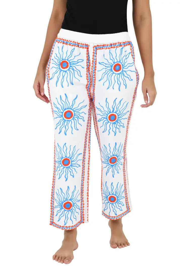 Boho Harem Pants Gift for Her – Handmade Embroidered Suzani Festival Pants, Boho Hippie Lounge Pajamas with Pockets, Unique Floral Yoga Pant