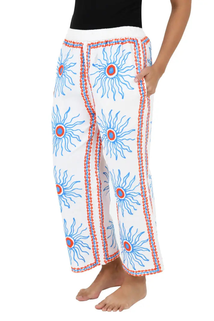 Boho Harem Pants Gift for Her – Handmade Embroidered Suzani Festival Pants, Boho Hippie Lounge Pajamas with Pockets, Unique Floral Yoga Pant