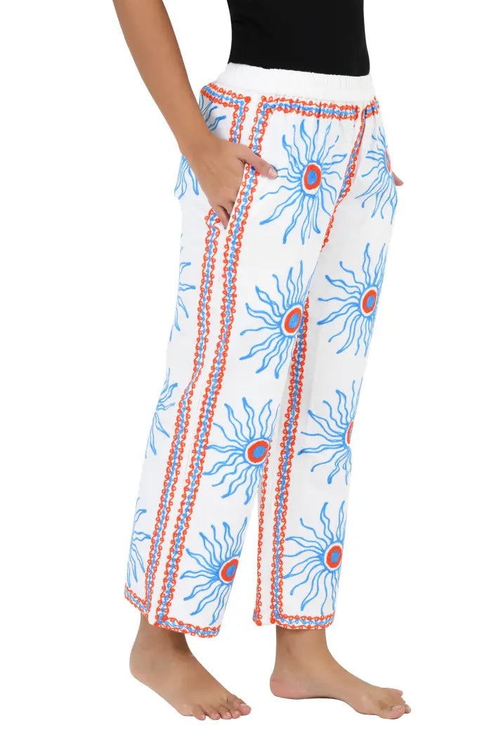 Boho Harem Pants Gift for Her – Handmade Embroidered Suzani Festival Pants, Boho Hippie Lounge Pajamas with Pockets, Unique Floral Yoga Pant