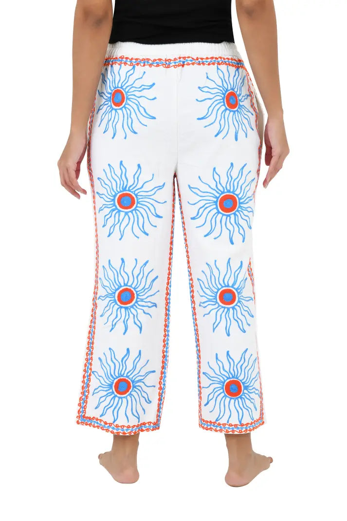 Boho Harem Pants Gift for Her – Handmade Embroidered Suzani Festival Pants, Boho Hippie Lounge Pajamas with Pockets, Unique Floral Yoga Pant