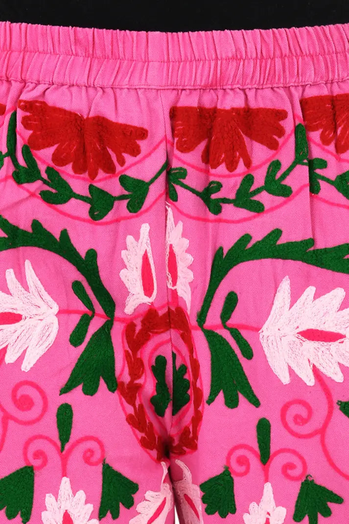 Boho Harem Pants Gift for Her – Handmade Embroidered Suzani Festival Pants, Boho Hippie Lounge Pajamas with Pockets, Unique Floral Yoga Pant