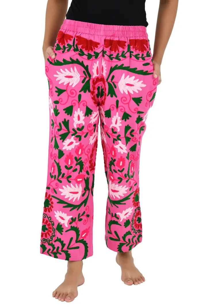 Boho Harem Pants Gift for Her – Handmade Embroidered Suzani Festival Pants, Boho Hippie Lounge Pajamas with Pockets, Unique Floral Yoga Pant