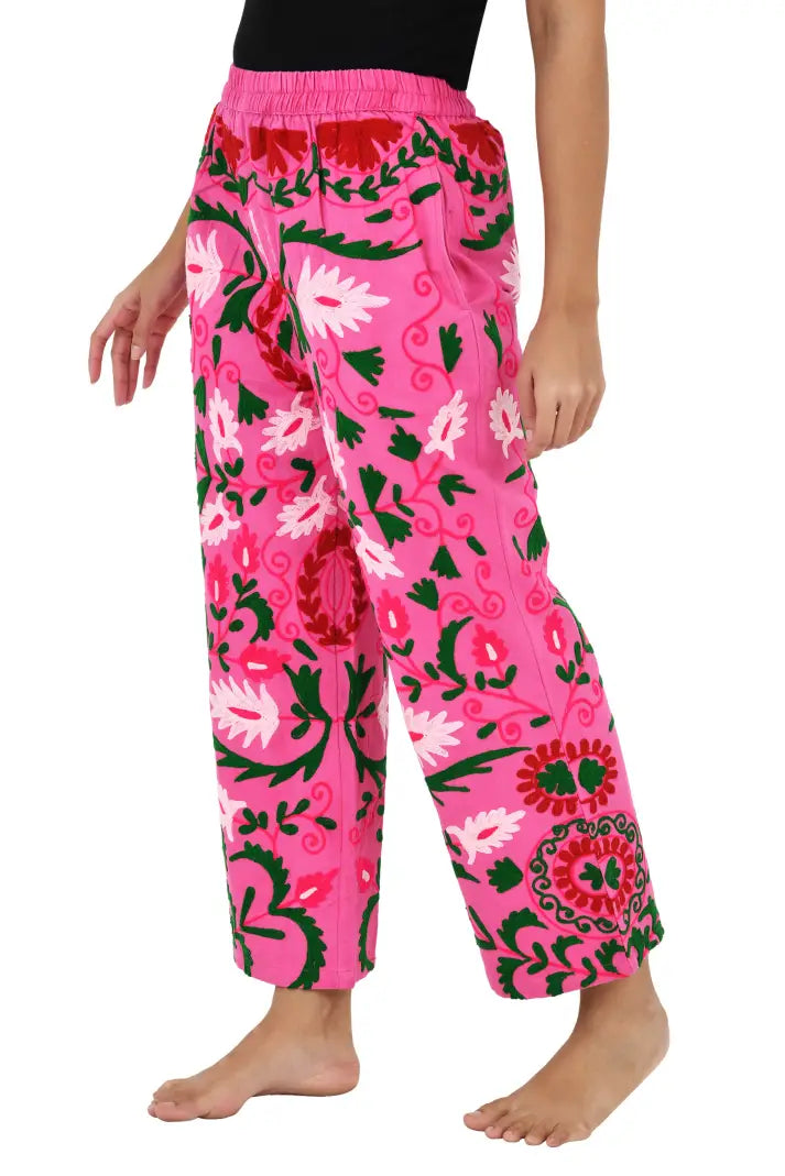 Boho Harem Pants Gift for Her – Handmade Embroidered Suzani Festival Pants, Boho Hippie Lounge Pajamas with Pockets, Unique Floral Yoga Pant