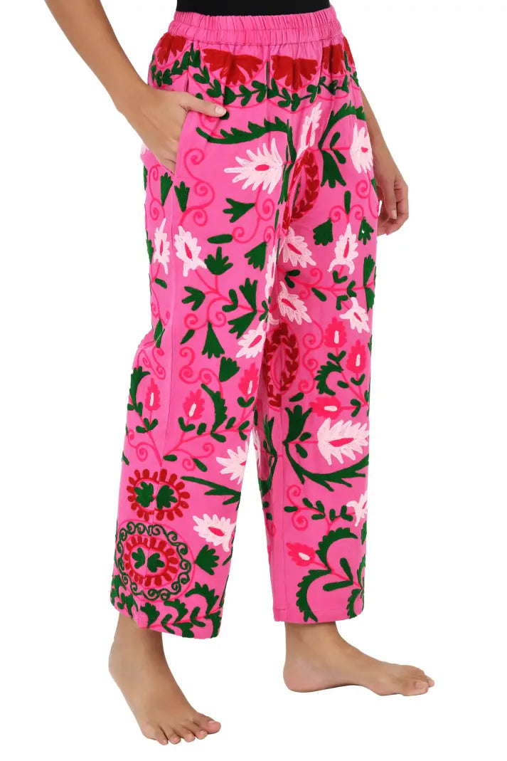Boho Harem Pants Gift for Her – Handmade Embroidered Suzani Festival Pants, Boho Hippie Lounge Pajamas with Pockets, Unique Floral Yoga Pant