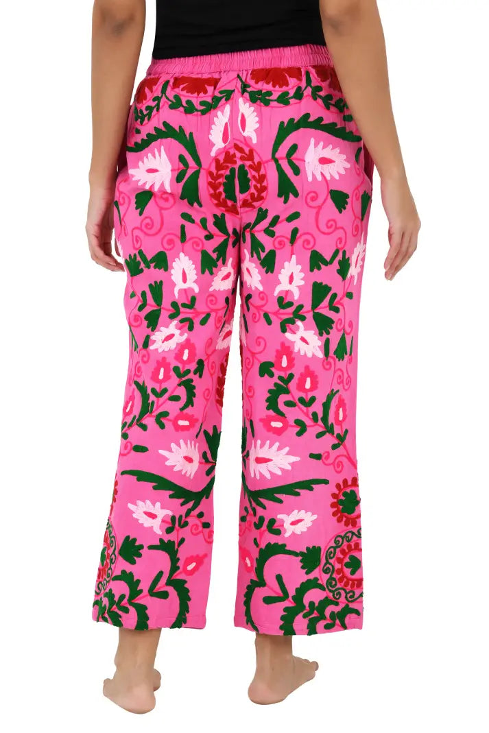 Boho Harem Pants Gift for Her – Handmade Embroidered Suzani Festival Pants, Boho Hippie Lounge Pajamas with Pockets, Unique Floral Yoga Pant