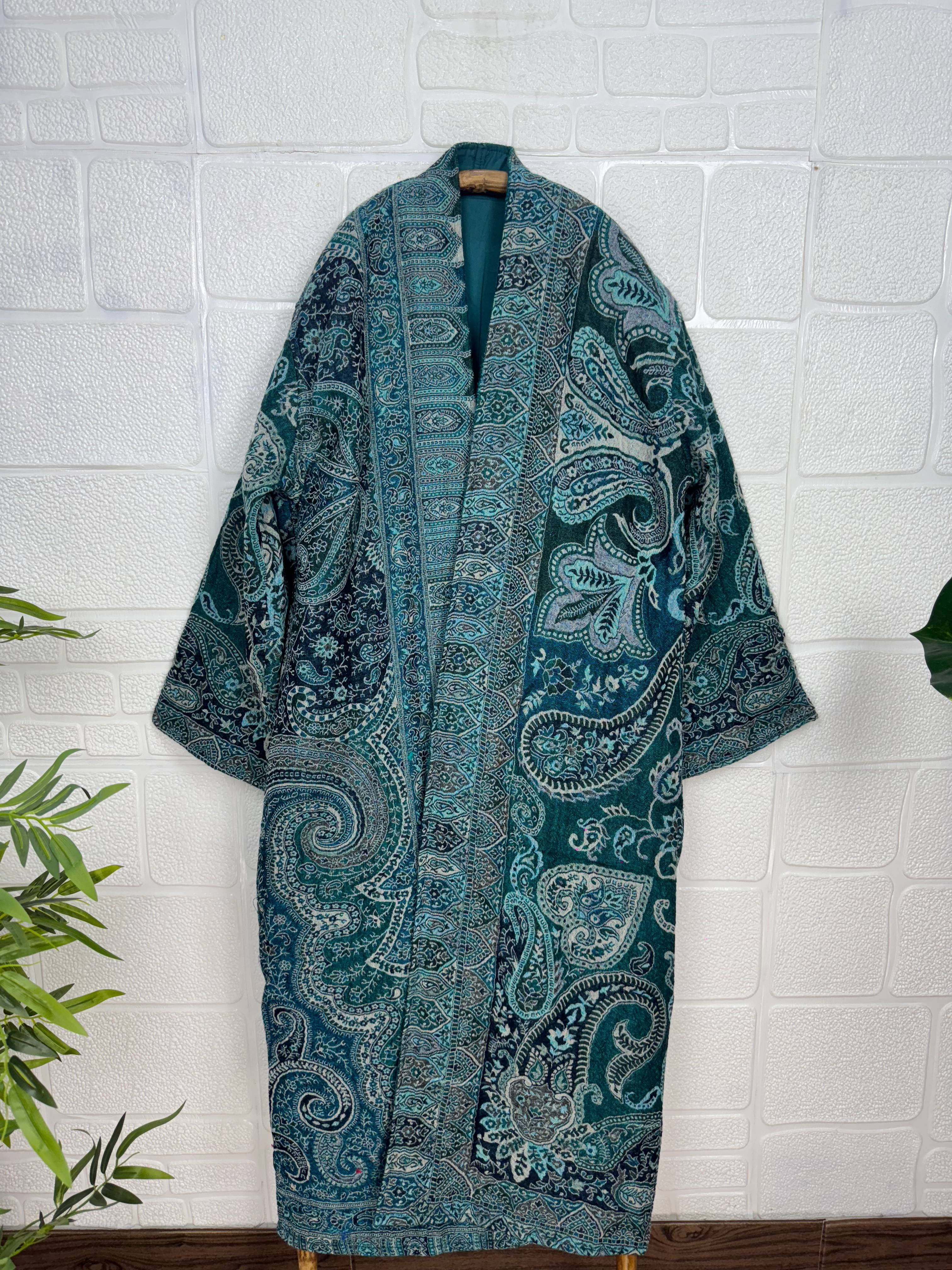 Handmade Merino Wool Kimono Robe: Paisley Floral Green Jacket