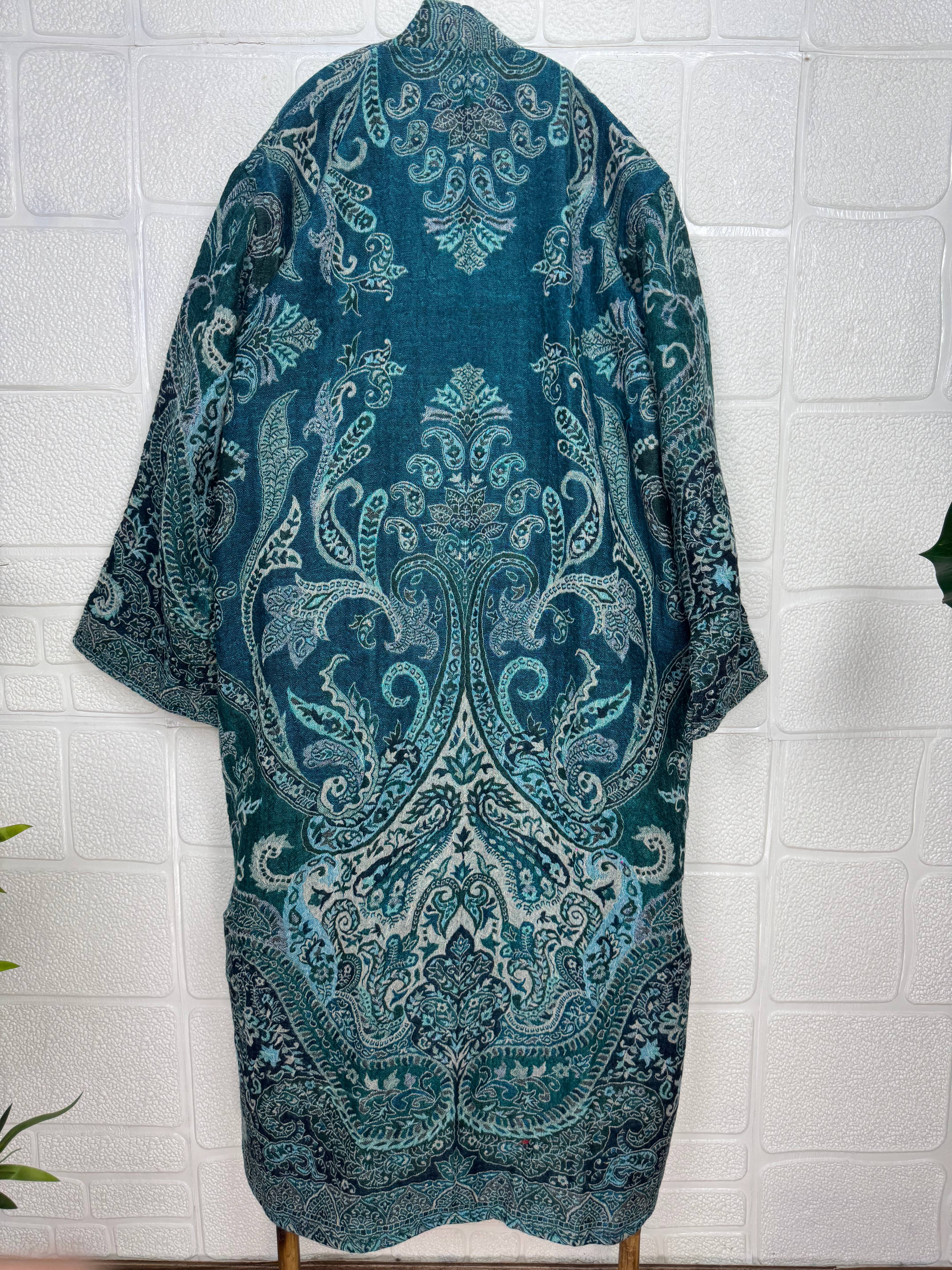 Handmade Merino Wool Kimono Robe: Paisley Floral Green Jacket