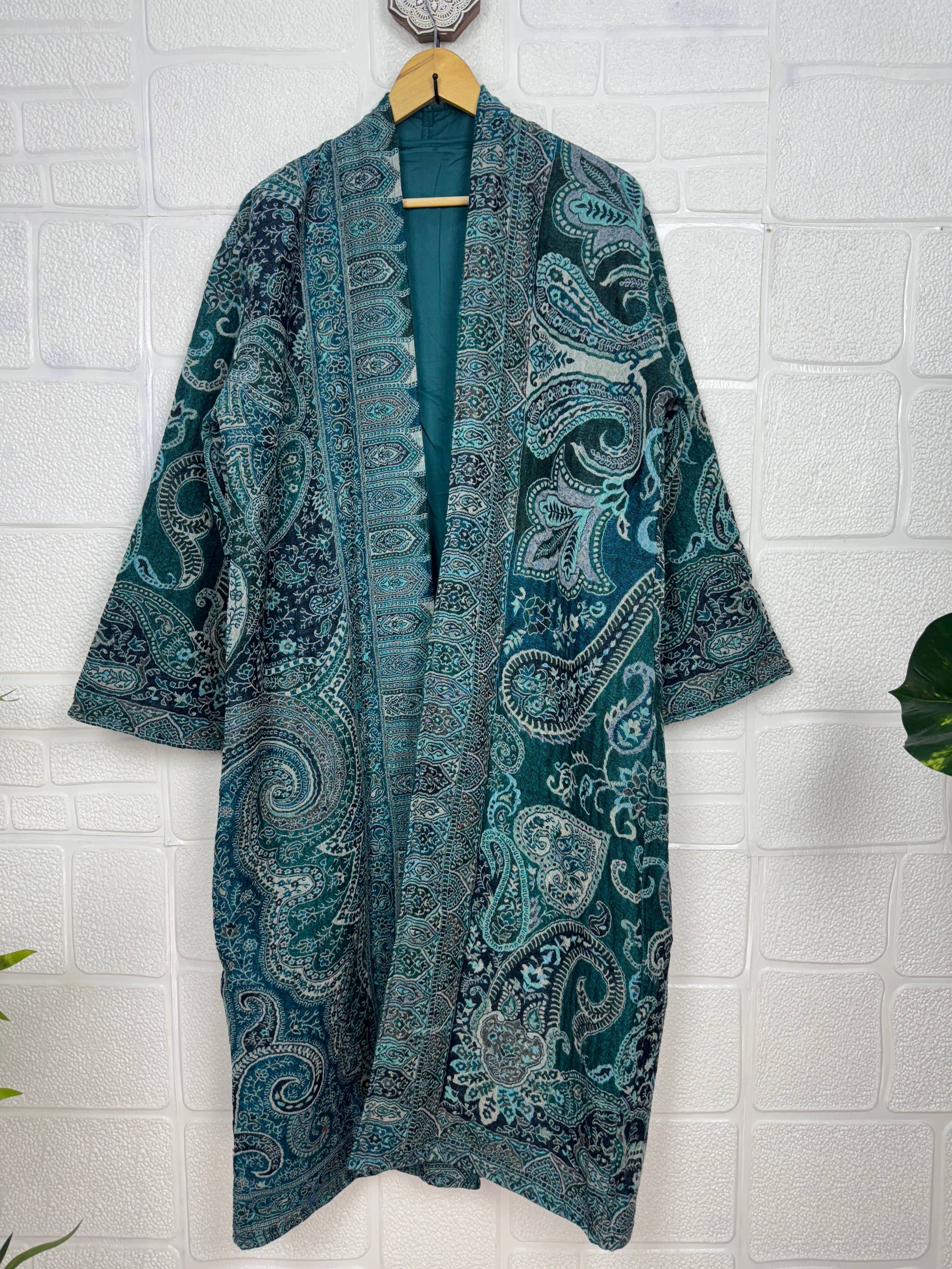 Handmade Merino Wool Kimono Robe: Paisley Floral Green Jacket