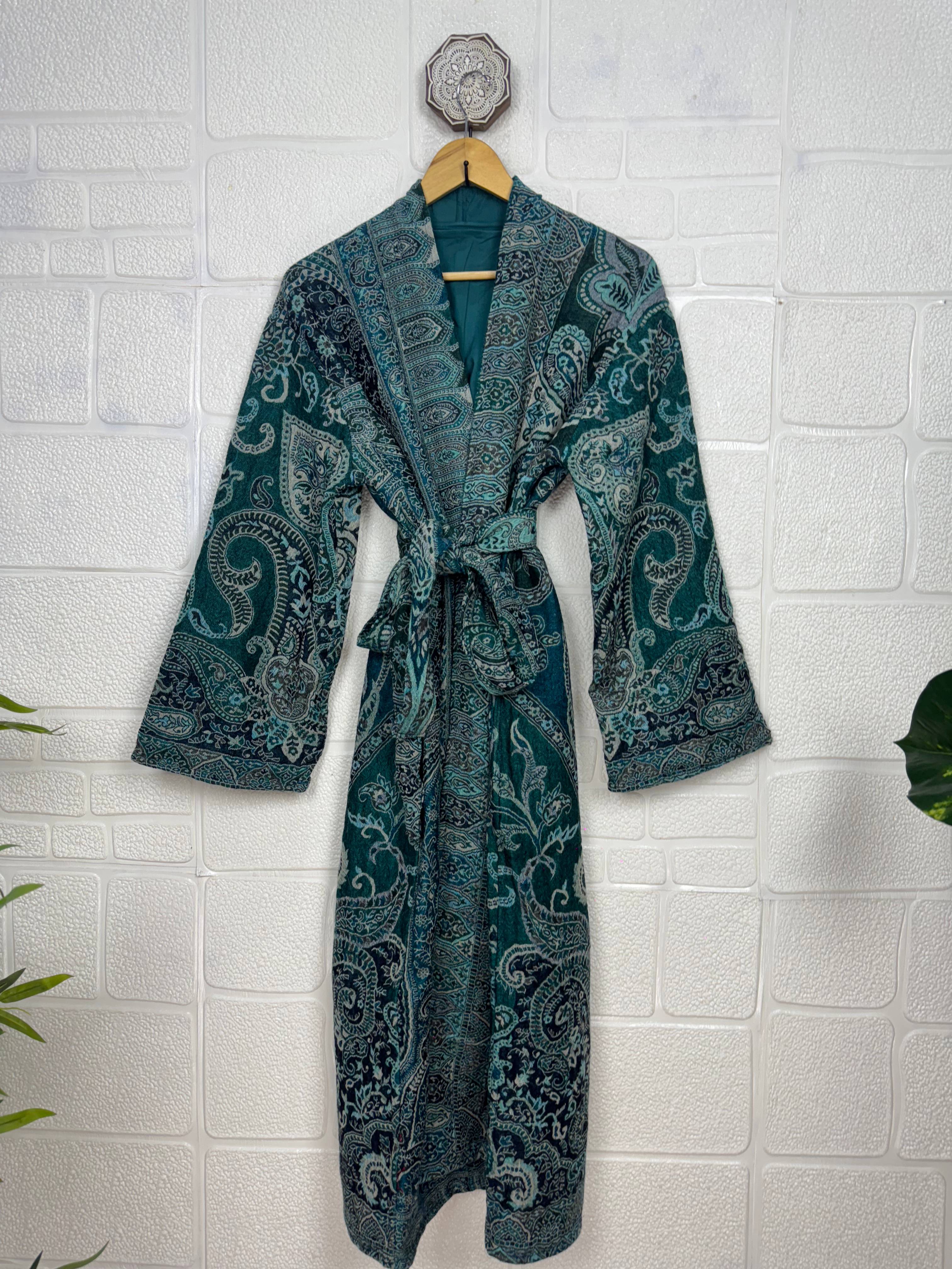 Handmade Merino Wool Kimono Robe: Paisley Floral Green Jacket