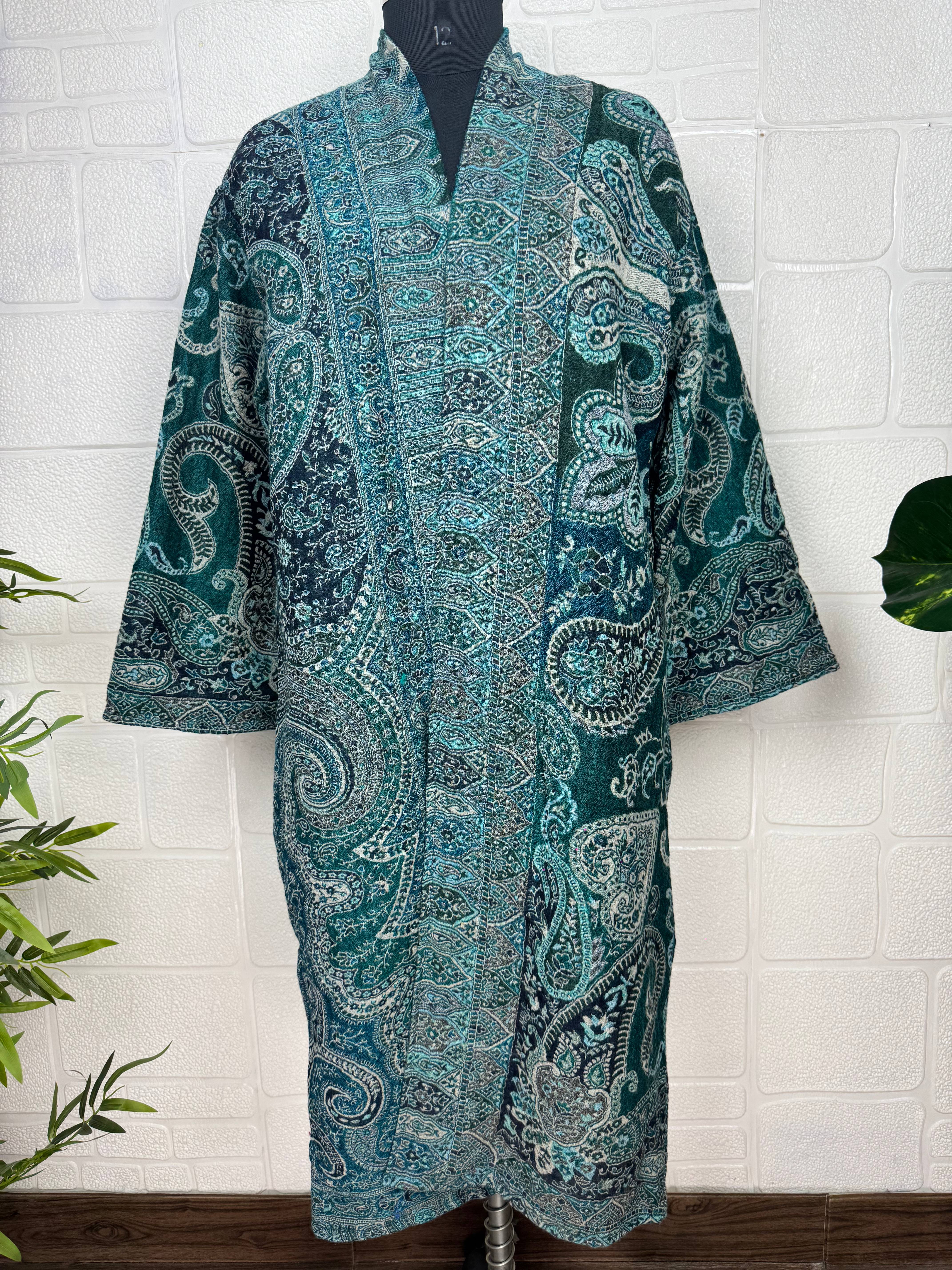 Handmade Merino Wool Kimono Robe: Paisley Floral Green Jacket