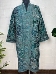 Handmade Merino Wool Kimono Robe: Paisley Floral Green Jacket