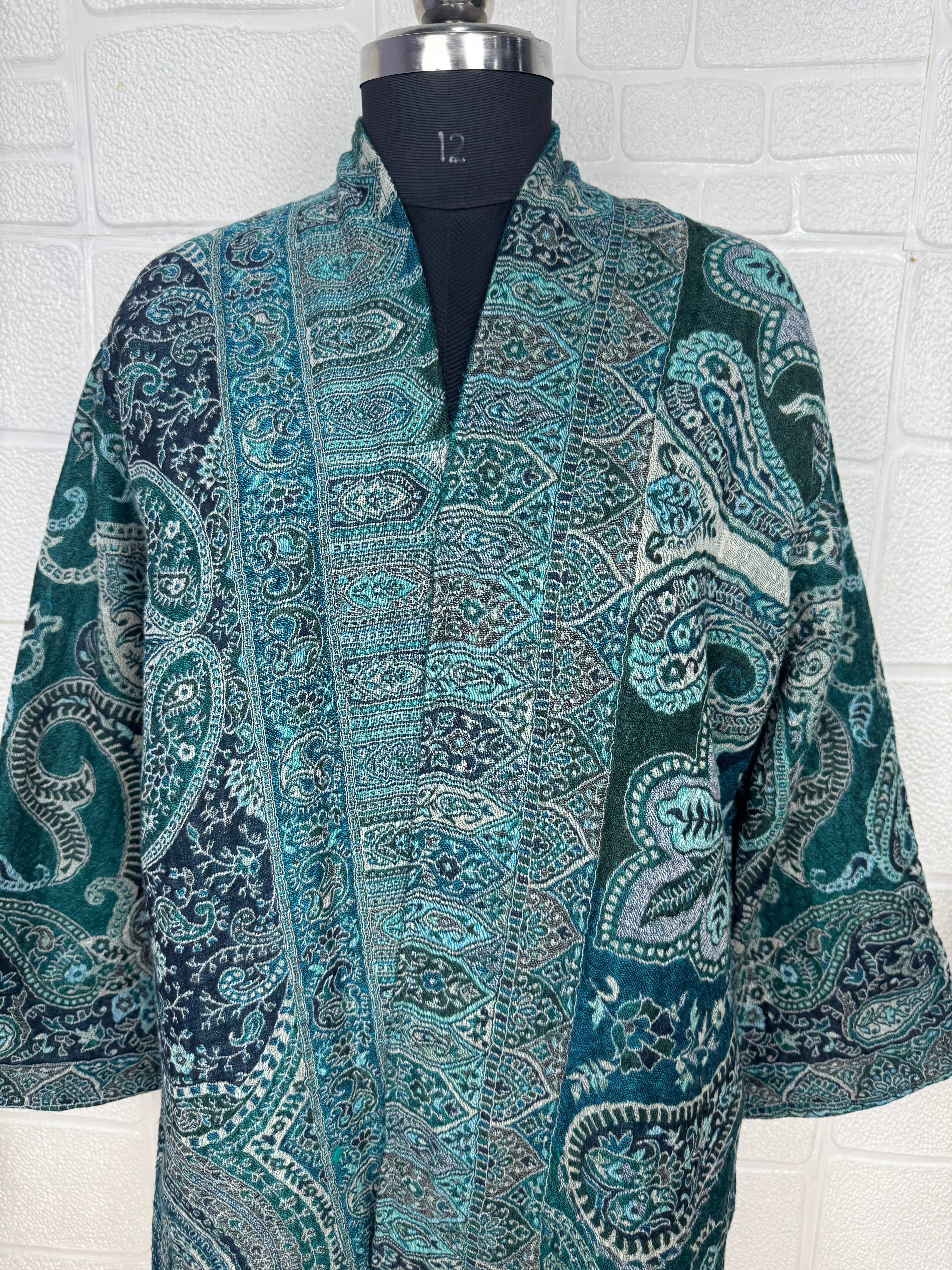 Handmade Merino Wool Kimono Robe: Paisley Floral Green Jacket