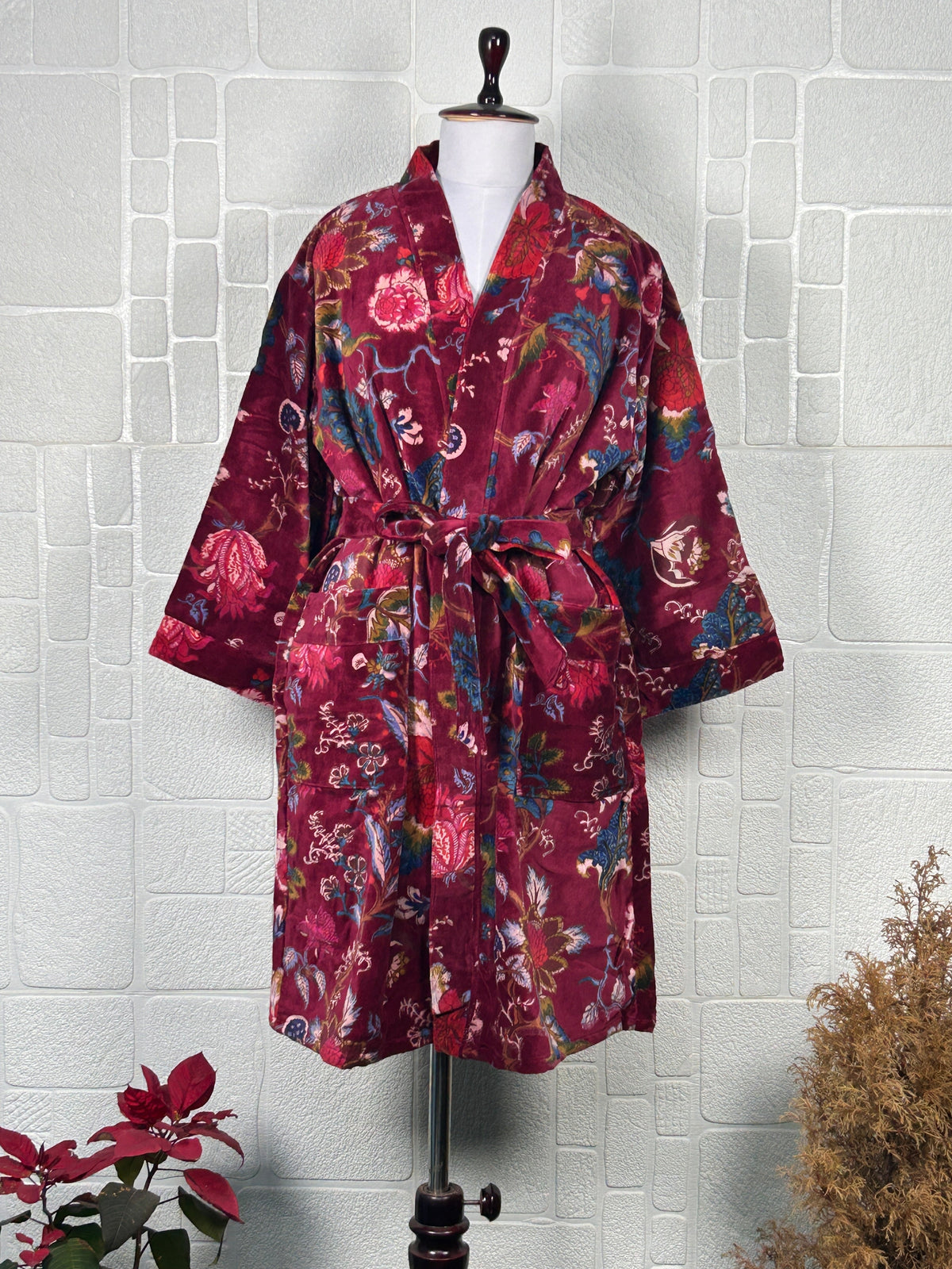 Luxury Velvet Kimono Unisex House Robe | Boho Jacket Autumn Winter Christmas Gift Elegant Reversible Cotton Lined | Quirky Gown Red Floral