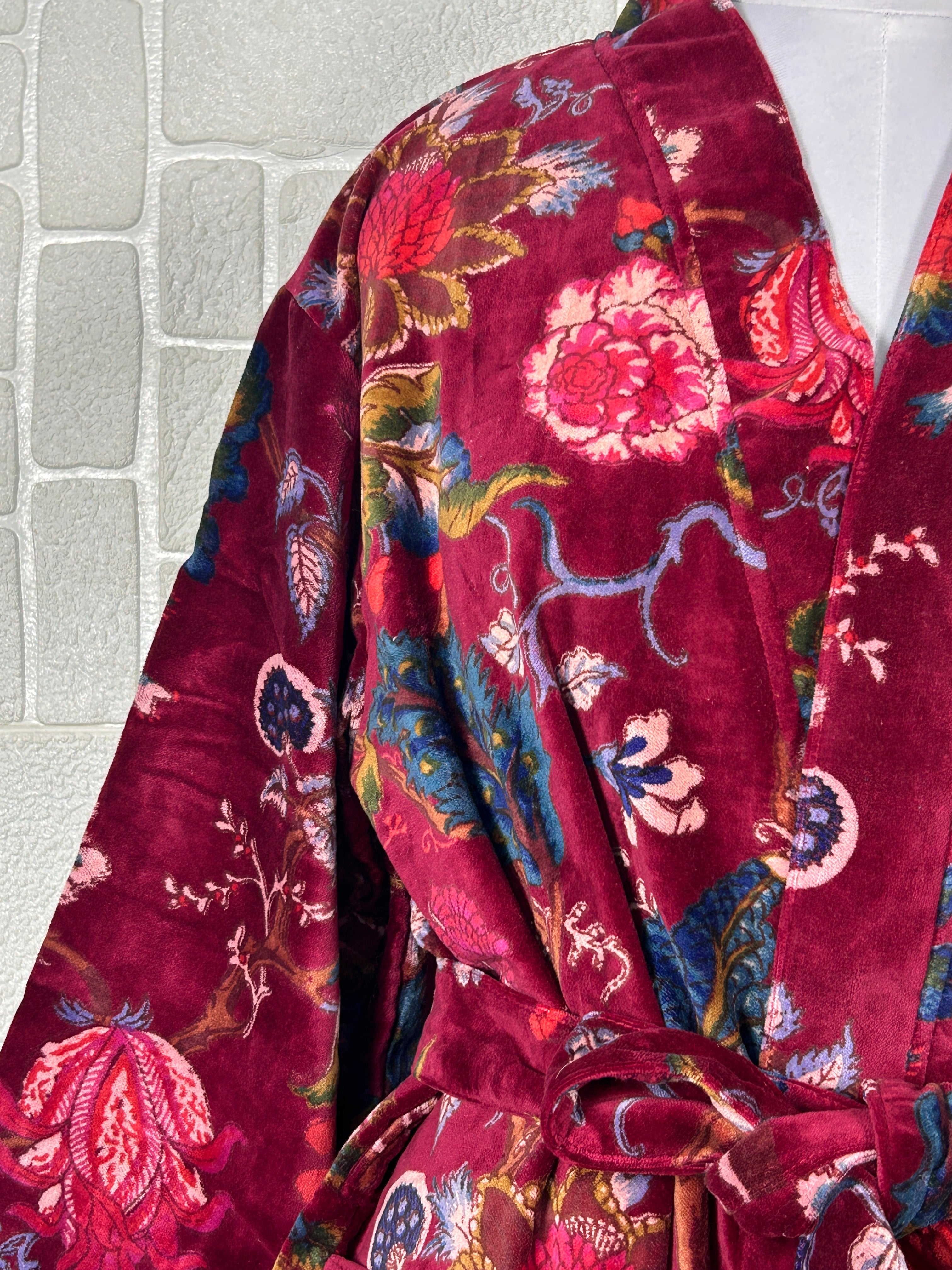Luxury Velvet Kimono Unisex House Robe | Boho Jacket Autumn Winter Christmas Gift Elegant Reversible Cotton Lined | Quirky Gown Red Floral