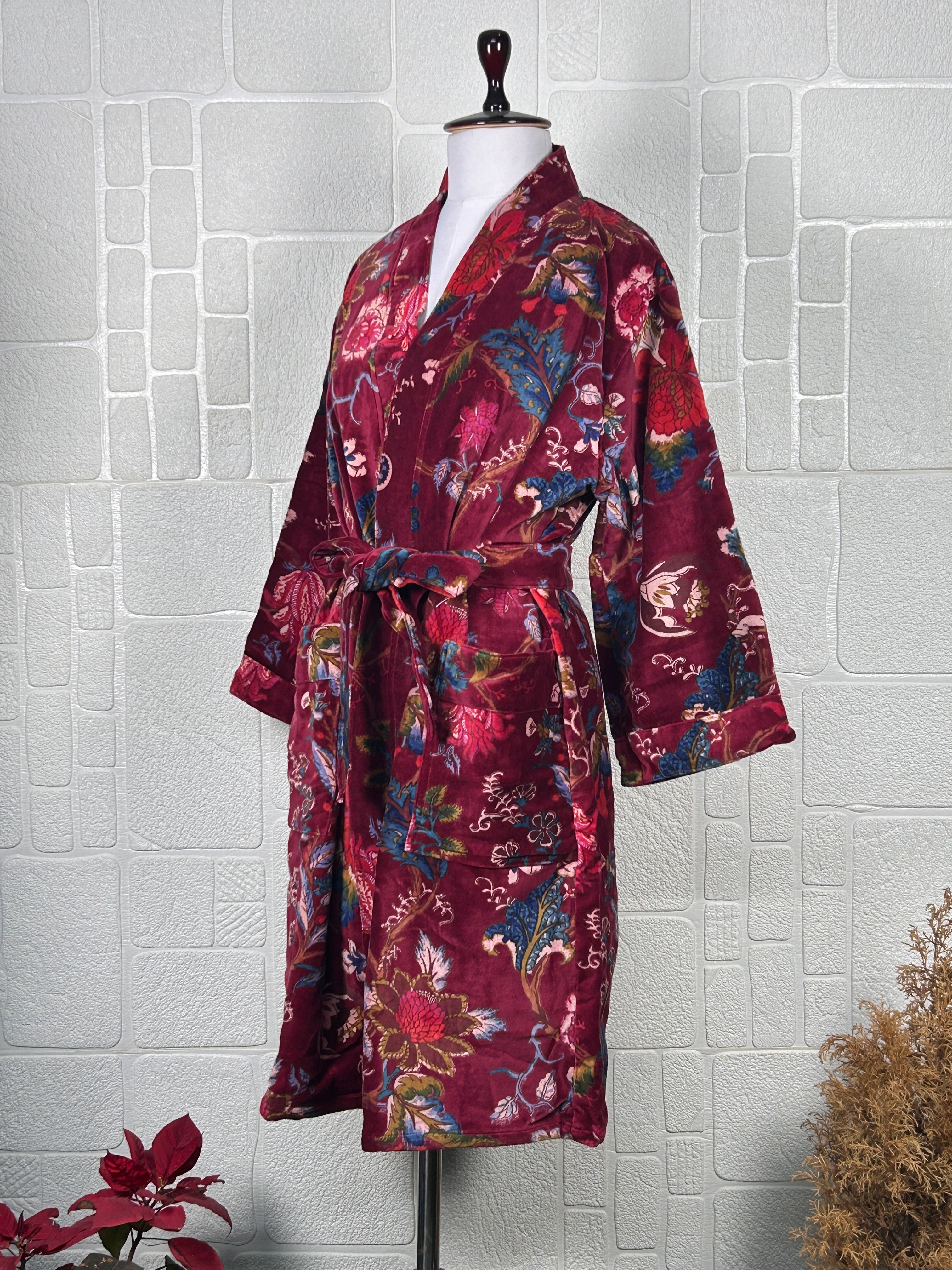Luxury Velvet Kimono Unisex House Robe | Boho Jacket Autumn Winter Christmas Gift Elegant Reversible Cotton Lined | Quirky Gown Red Floral