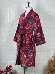 Luxury Velvet Kimono Unisex House Robe | Boho Jacket Autumn Winter Christmas Gift Elegant Reversible Cotton Lined | Quirky Gown Red Floral