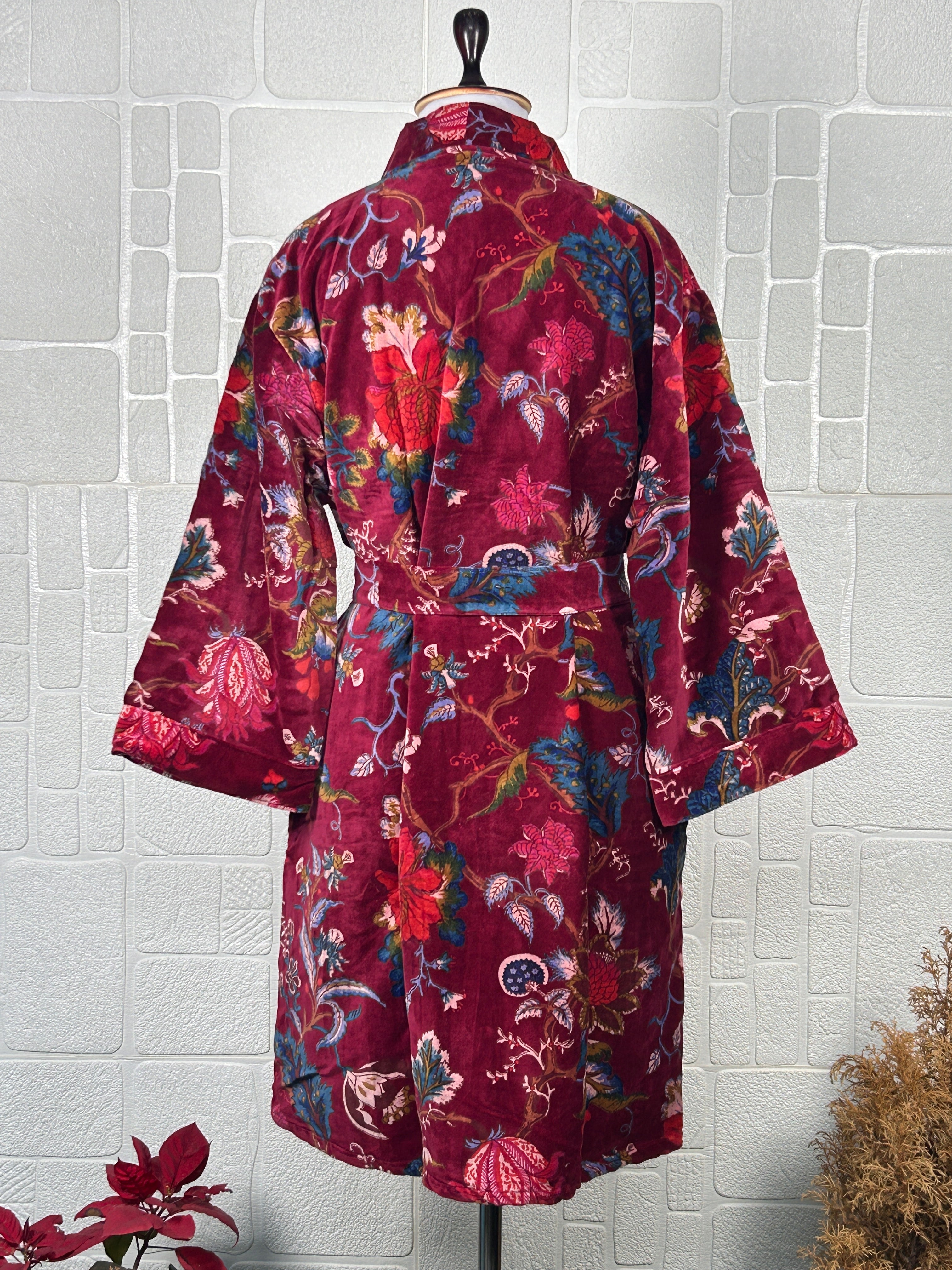 Luxury Velvet Kimono Unisex House Robe | Boho Jacket Autumn Winter Christmas Gift Elegant Reversible Cotton Lined | Quirky Gown Red Floral