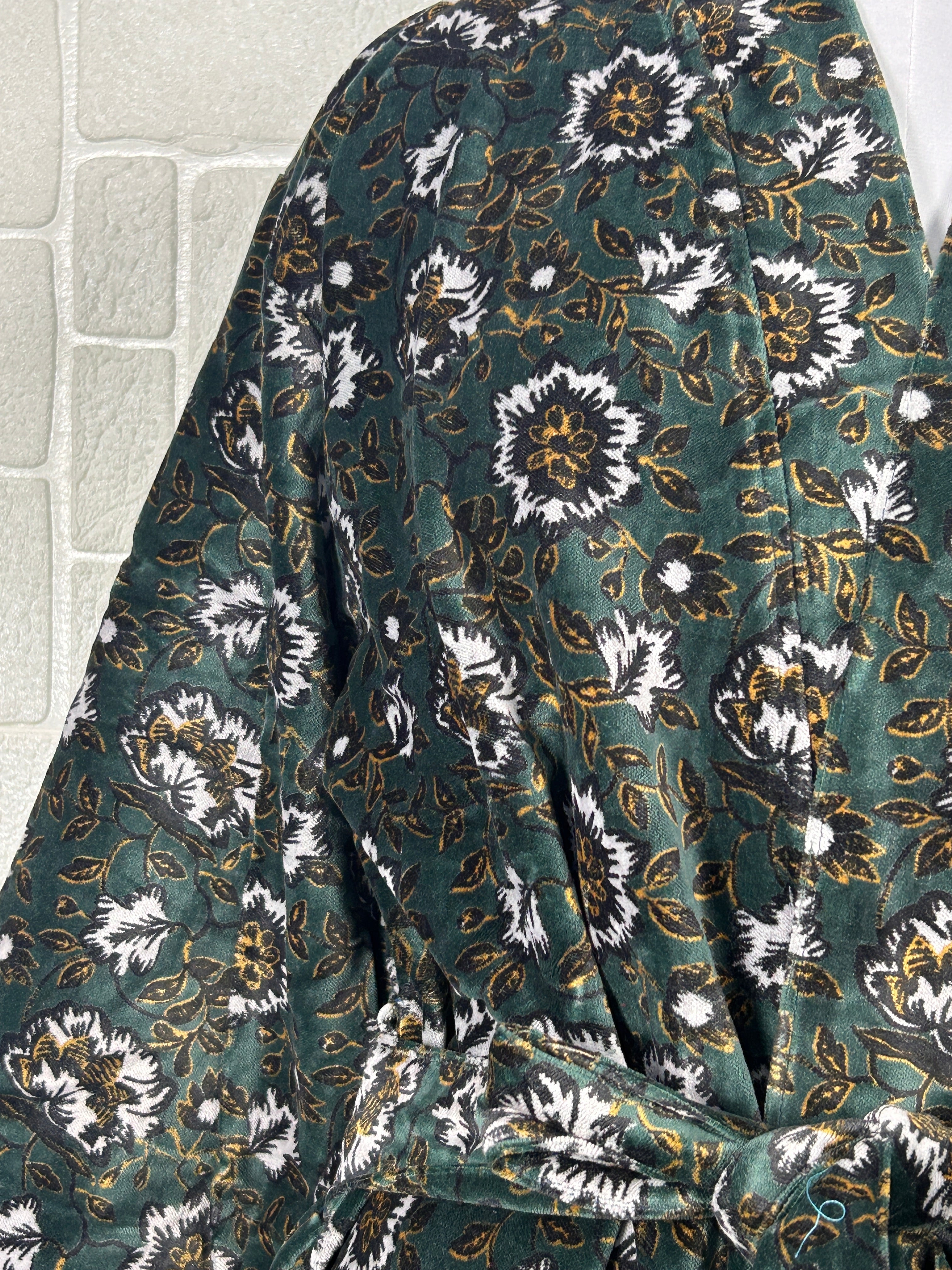Luxury Velvet Kimono Unisex House Robe | Boho Jacket Autumn Winter Christmas Gift Elegant Reversible Cotton Lined | Quirky Gown Green Floral