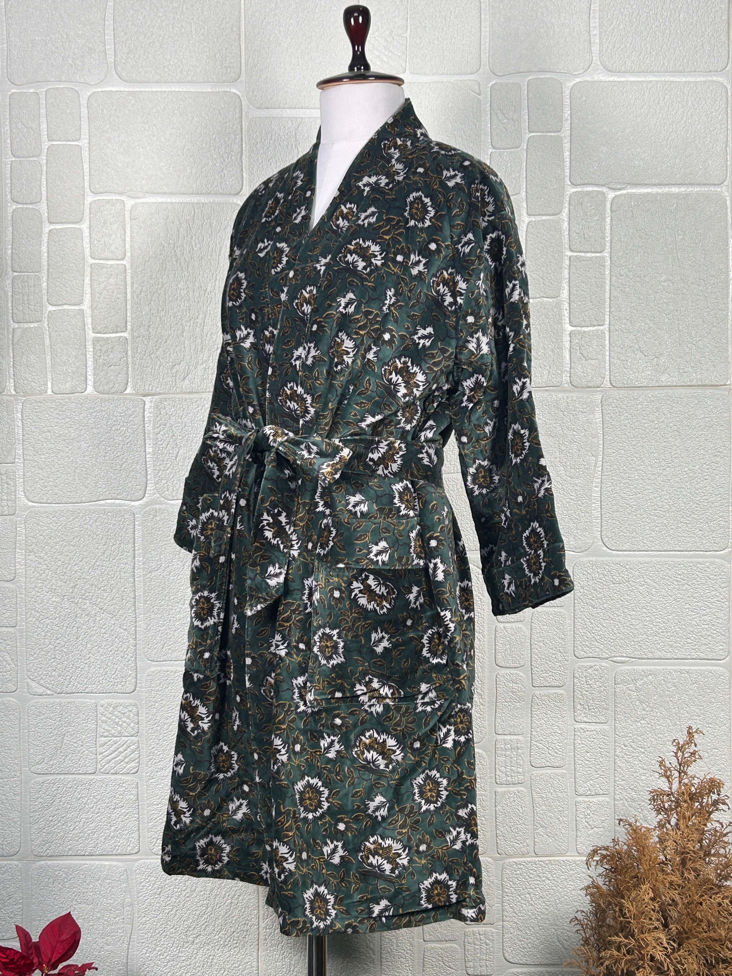 Luxury Velvet Kimono Unisex House Robe | Boho Jacket Autumn Winter Christmas Gift Elegant Reversible Cotton Lined | Quirky Gown Green Floral