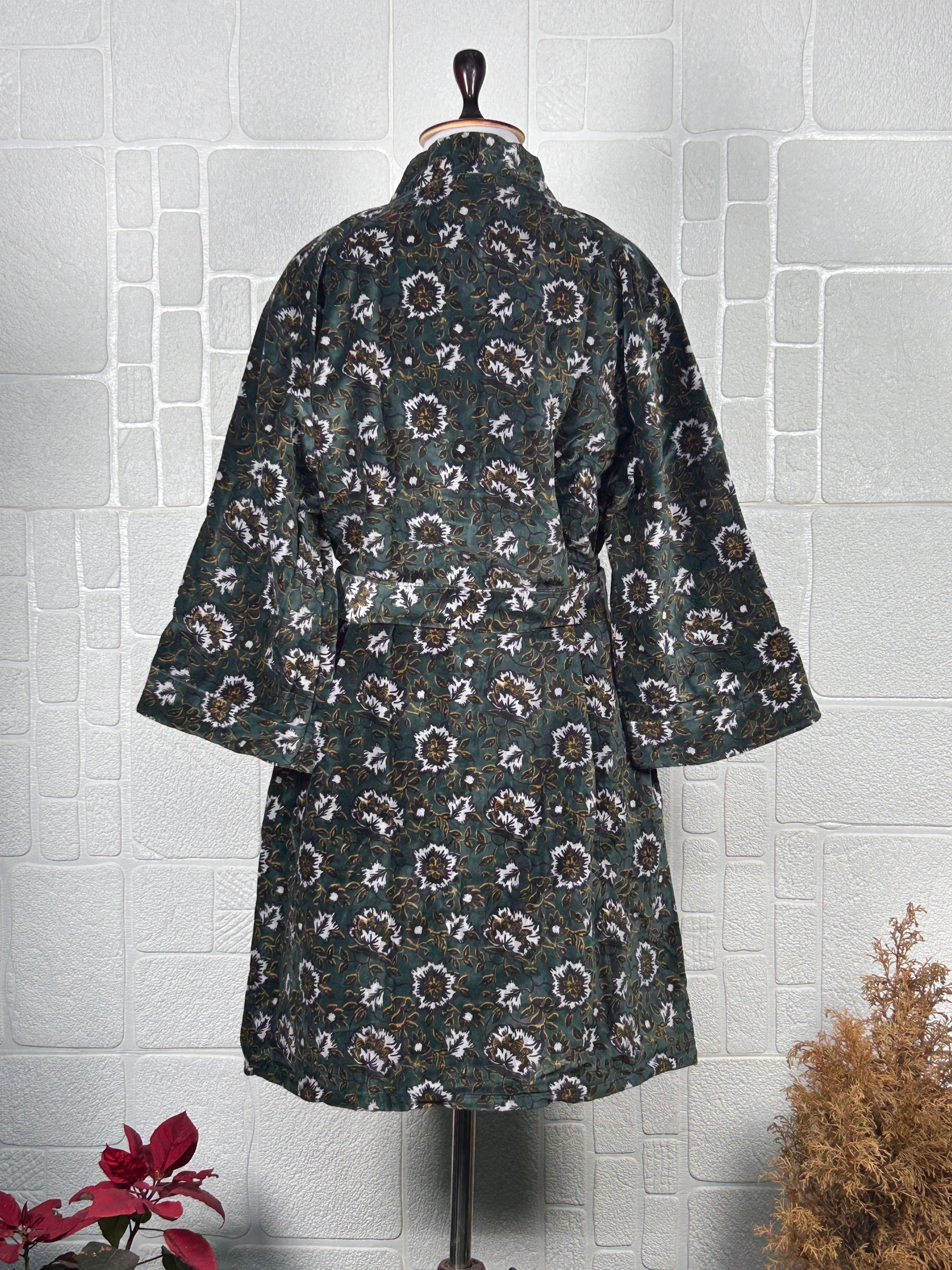 Luxury Velvet Kimono Unisex House Robe | Boho Jacket Autumn Winter Christmas Gift Elegant Reversible Cotton Lined | Quirky Gown Green Floral