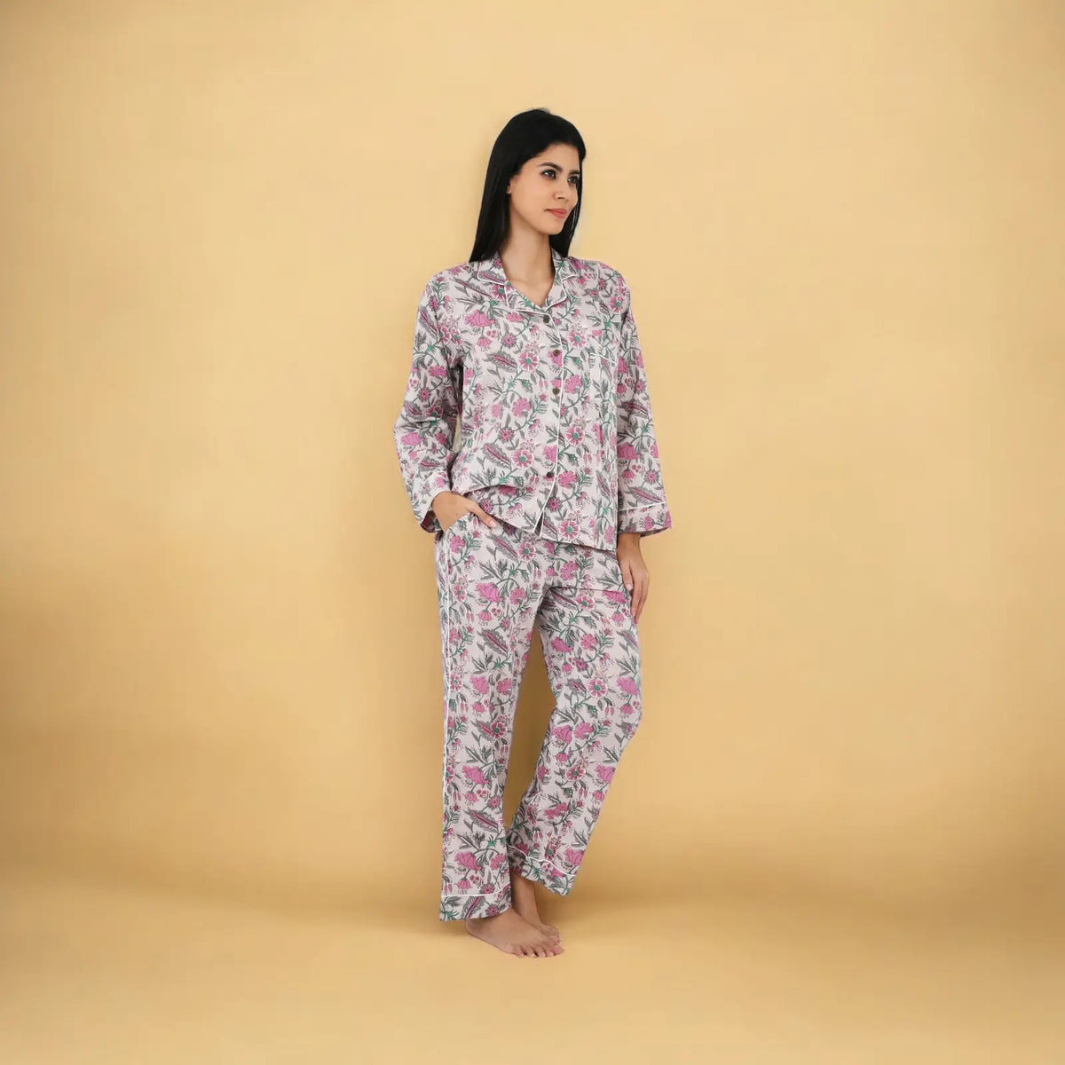 Cotton Women Pajama Set Comfortable Nightwear Summer PJ Set Nude Pink Floral Print