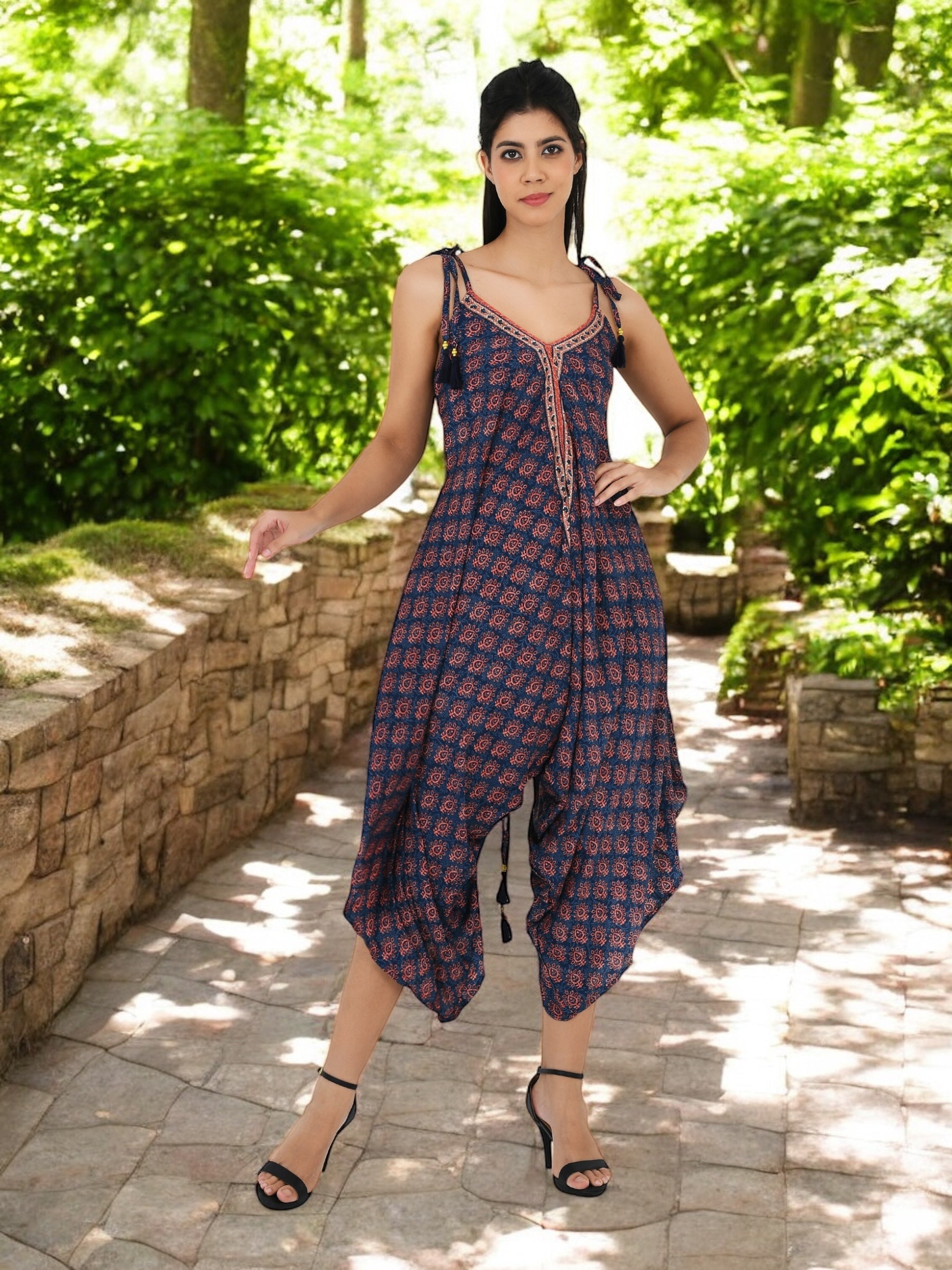 Boho Silk Jumpsuit for Women | Flowy Halter Romper Lightweight Summer Beachwear Comfy Hippie Overalls, Backless Festival Pants, Gift for Her