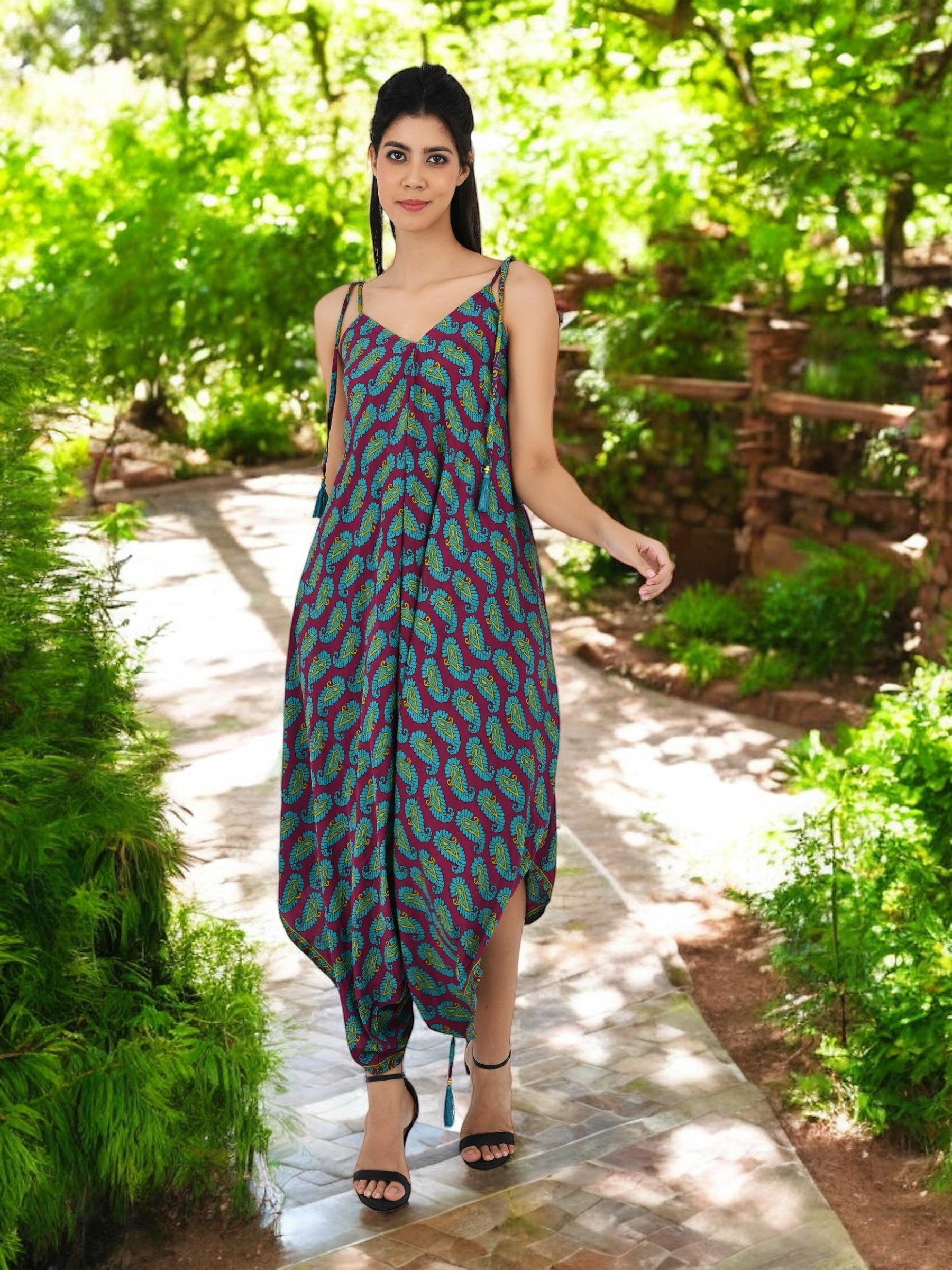 Boho Silk Jumpsuit for Women | Flowy Halter Romper Lightweight Summer Beachwear Comfy Hippie Overalls, Backless Festival Pants, Gift for Her