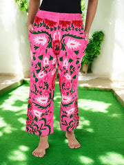 Boho Harem Pants Gift for Her – Handmade Embroidered Suzani Festival Pants, Boho Hippie Lounge Pajamas with Pockets, Unique Floral Yoga Pant