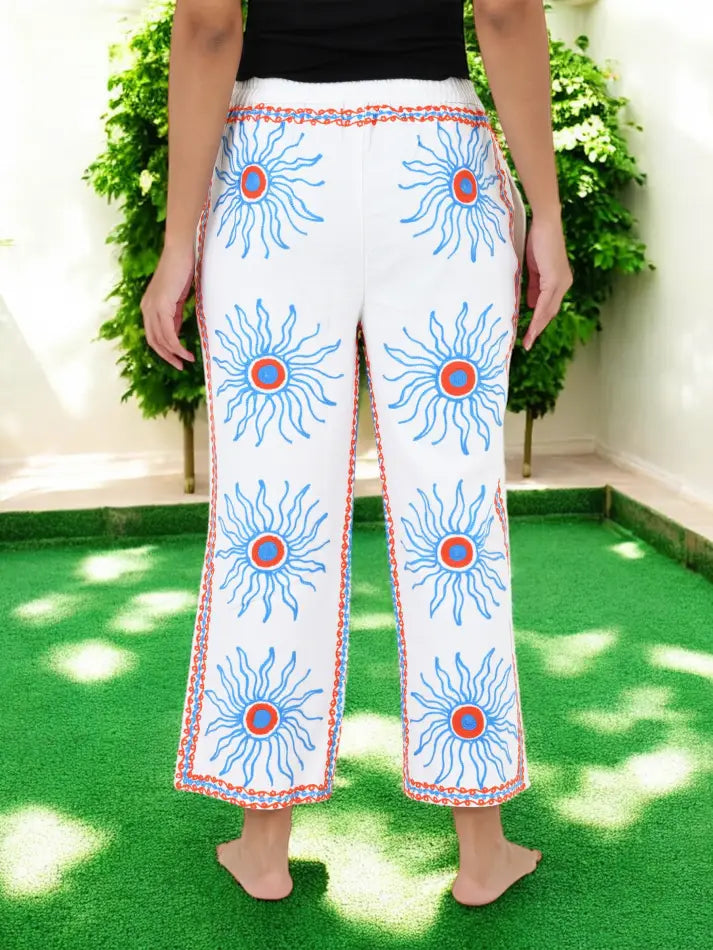Boho Harem Pants Gift for Her – Handmade Embroidered Suzani Festival Pants, Boho Hippie Lounge Pajamas with Pockets, Unique Floral Yoga Pant