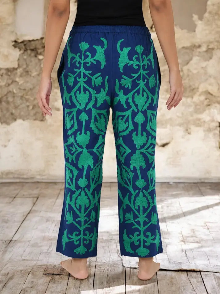 Boho Harem Pants Gift for Her – Handmade Embroidered Suzani Festival Pants, Boho Hippie Lounge Pajamas with Pockets, Unique Floral Yoga Pant
