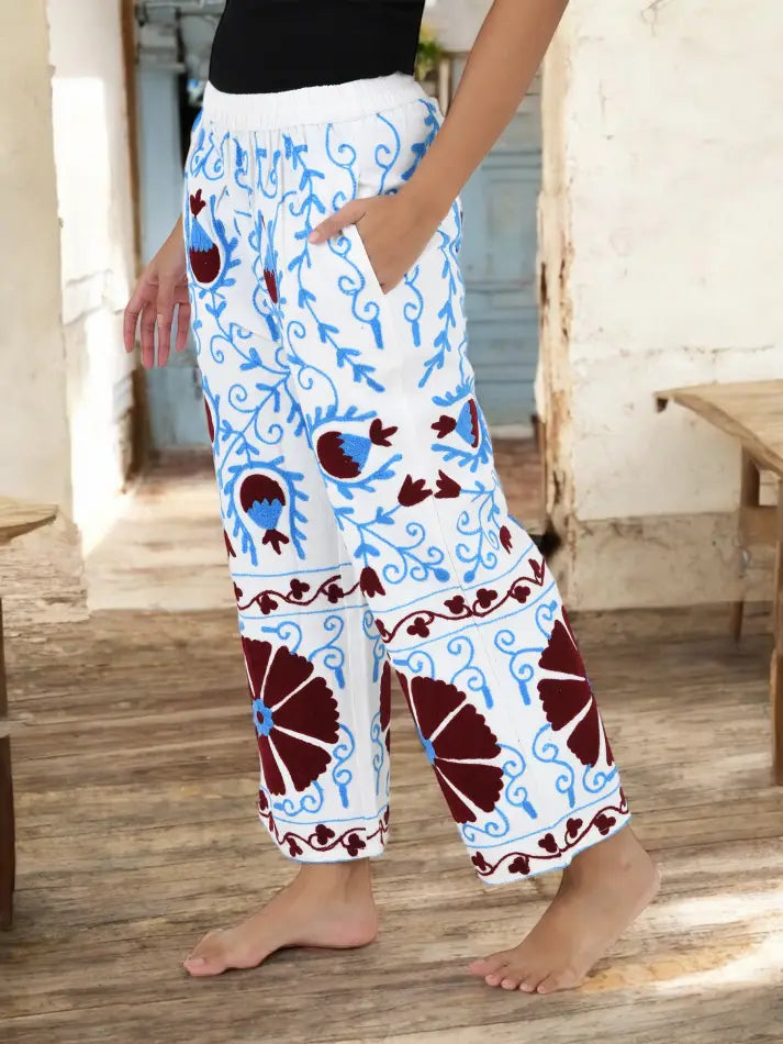 Boho Harem Pants Gift for Her – Handmade Embroidered Suzani Festival Pants, Boho Hippie Lounge Pajamas with Pockets, Unique Floral Yoga Pant