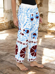 Boho Harem Pants Gift for Her – Handmade Embroidered Suzani Festival Pants, Boho Hippie Lounge Pajamas with Pockets, Unique Floral Yoga Pant
