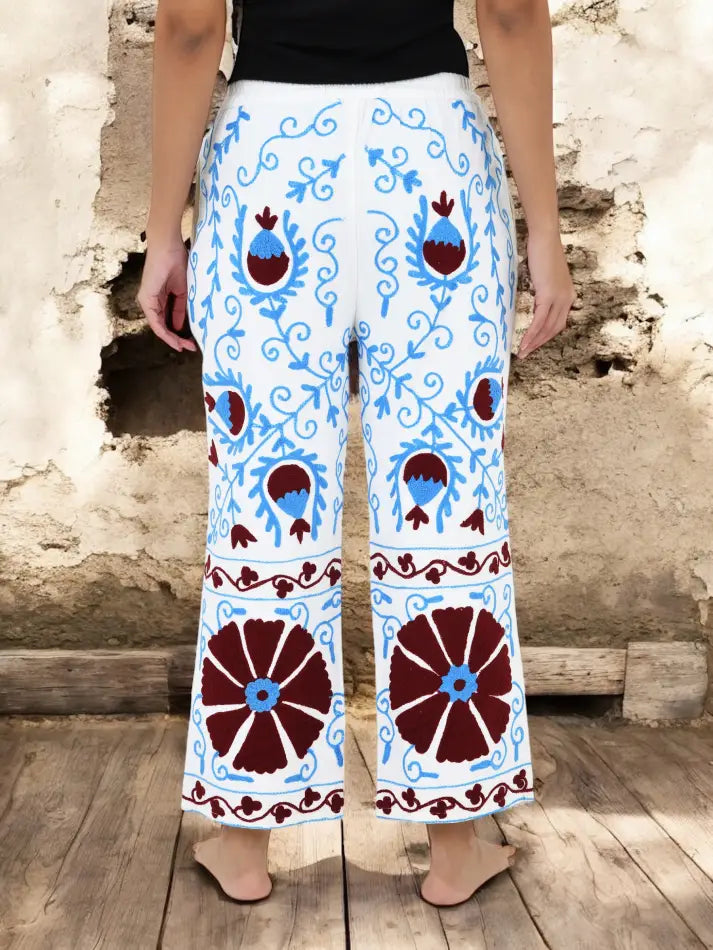Boho Harem Pants Gift for Her – Handmade Embroidered Suzani Festival Pants, Boho Hippie Lounge Pajamas with Pockets, Unique Floral Yoga Pant