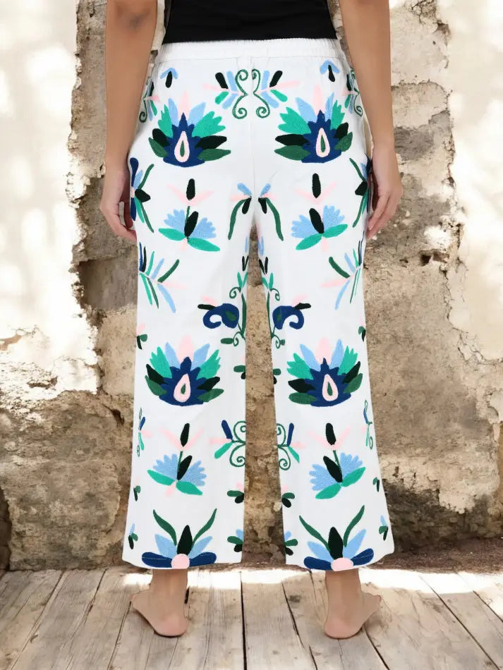 Boho Harem Pants Gift for Her – Handmade Embroidered Suzani Festival Pants, Boho Hippie Lounge Pajamas with Pockets, Unique Floral Yoga Pant