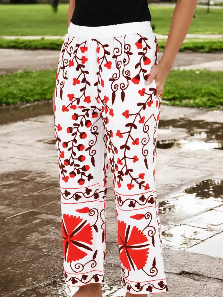 Boho Harem Pants Gift for Her – Handmade Embroidered Suzani Festival Pants, Boho Hippie Lounge Pajamas with Pockets, Unique Floral Yoga Pant