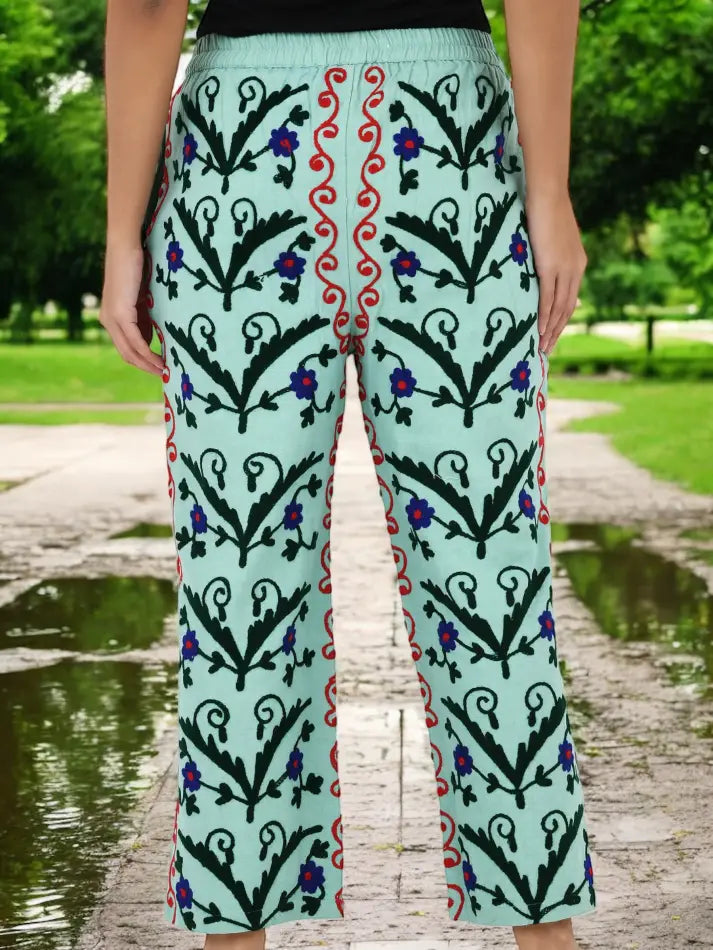 Boho Harem Pants Gift for Her – Handmade Embroidered Suzani Festival Pants, Boho Hippie Lounge Pajamas with Pockets, Unique Floral Yoga Pant