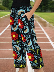 Boho Harem Pants Gift for Her – Handmade Embroidered Suzani Festival Pants, Boho Hippie Lounge Pajamas with Pockets, Unique Floral Yoga Pant