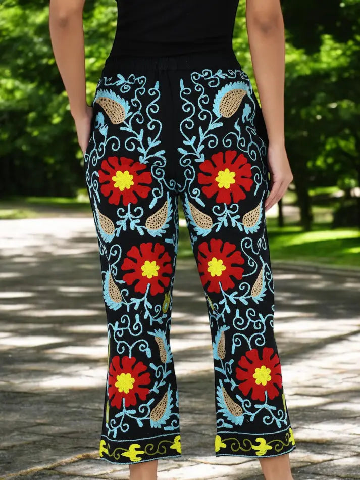 Boho Harem Pants Gift for Her – Handmade Embroidered Suzani Festival Pants, Boho Hippie Lounge Pajamas with Pockets, Unique Floral Yoga Pant