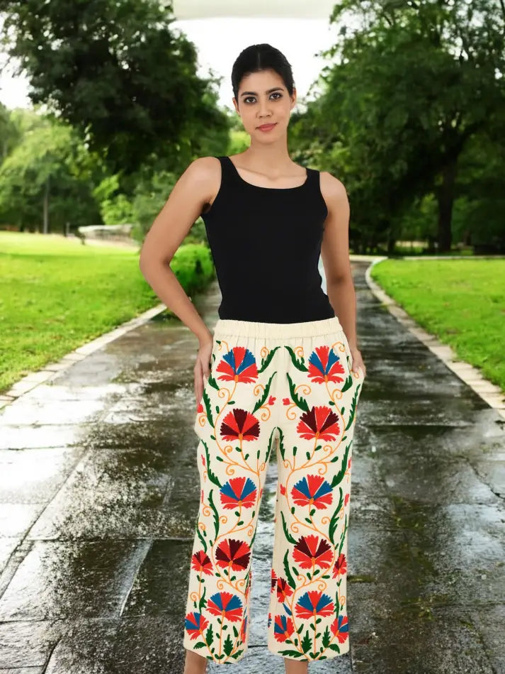 Boho Hippi Handmade Suzani Embroidered Pockets Trouser Comfy Fit Casual Wear Elastic Waist | Floral