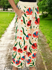 Boho Hippi Handmade Suzani Embroidered Pockets Trouser Comfy Fit Casual Wear Elastic Waist | Floral