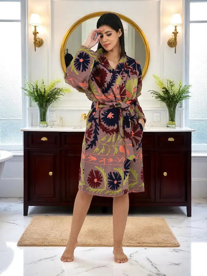 Cotton Women Kimono Suzani Embroidery Jacket Robe, Artisan Hand Embroidered Open Front Duster, Boho Gypsy Resort Wear Sustainable Clothing