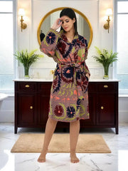 Cotton Women Kimono Suzani Embroidery Jacket Robe, Artisan Hand Embroidered Open Front Duster, Boho Gypsy Resort Wear Sustainable Clothing