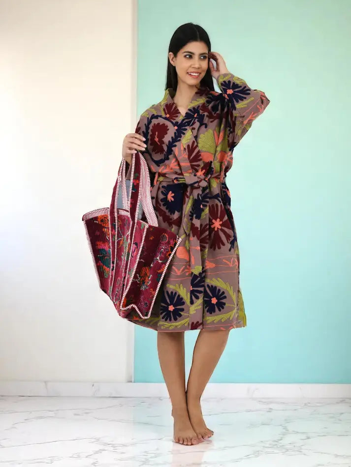 Cotton Women Kimono Suzani Embroidery Jacket Robe, Artisan Hand Embroidered Open Front Duster, Boho Gypsy Resort Wear Sustainable Clothing