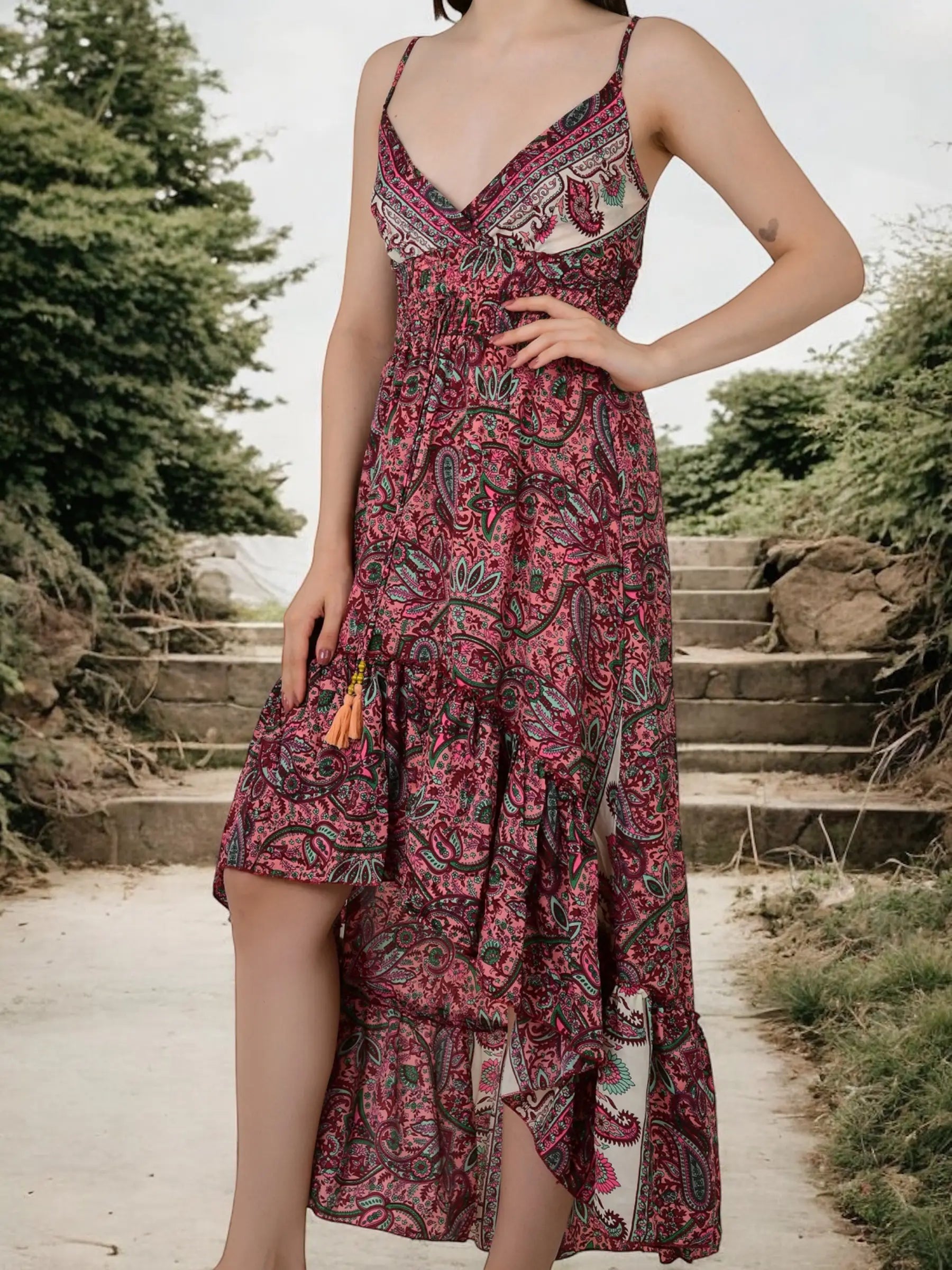 Boho Silk Dress for Women, Open Back Floral High Low Maxi, Luxury Gypsy Flowy Outfit, Bridesmaid Gift, Festival Wear Beachwear, Gift for Her