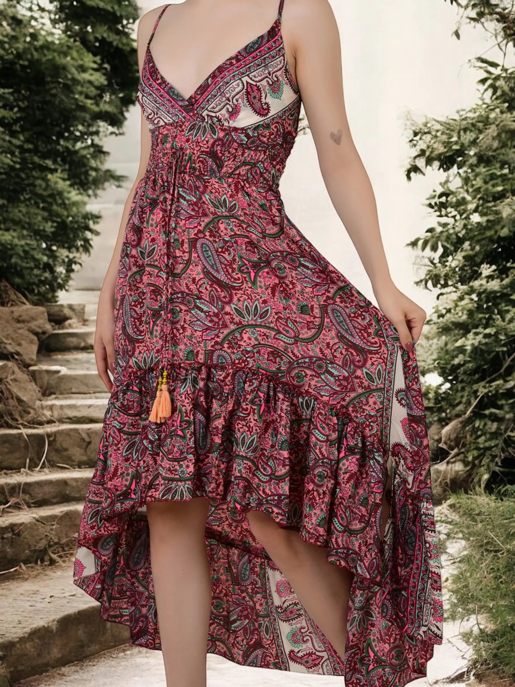 Boho Silk Dress for Women, Open Back Floral High Low Maxi, Luxury Gypsy Flowy Outfit, Bridesmaid Gift, Festival Wear Beachwear, Gift for Her